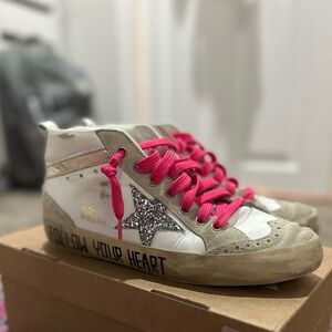 Golden Goose High-Tops with Pink Laces and Glitter Star